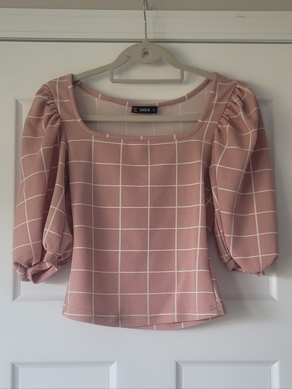 SHEIN Blush Pink Windowpane Puff-Sleeve Square Neck Crop Top